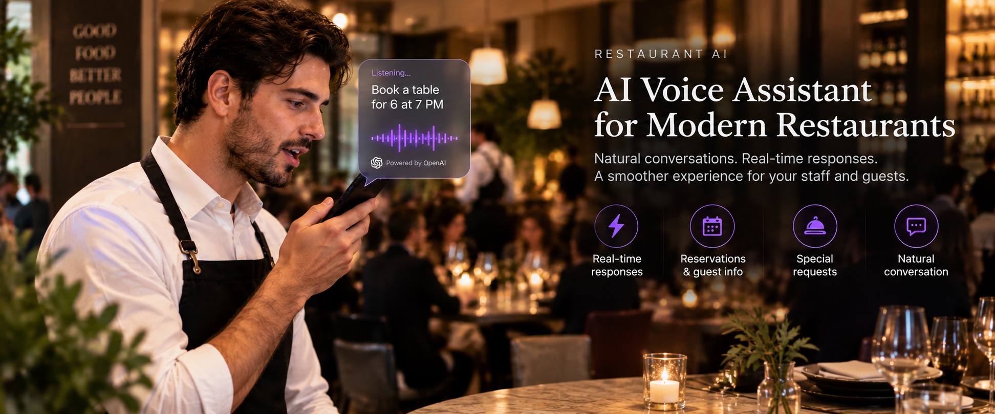 A restaurant waiter speaking a reservation into OrderMoon's voice assistant, with a live transcript bubble and feature highlights for real-time responses and reservations, built on OpenAI Realtime